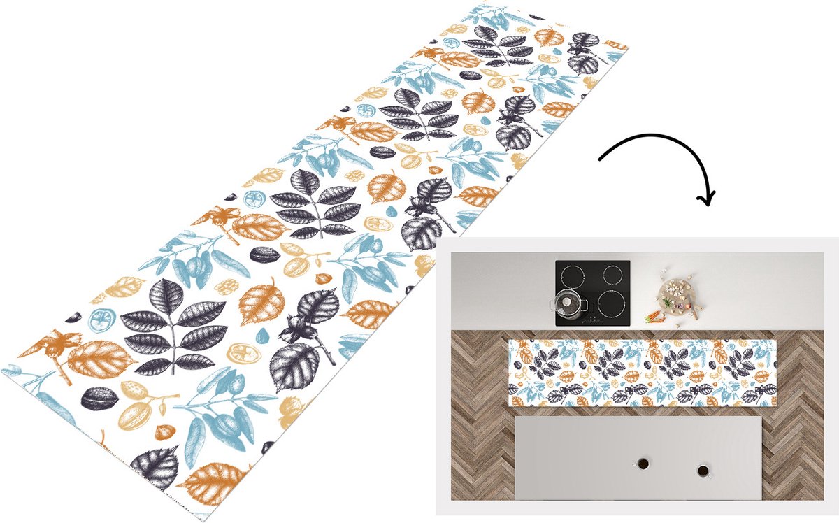 KitchenYeah Keukenloper - Loper keuken - Vintage - Bladeren - Noot - Patronen - 200x50 cm - Keukenloper vinyl Multicolor