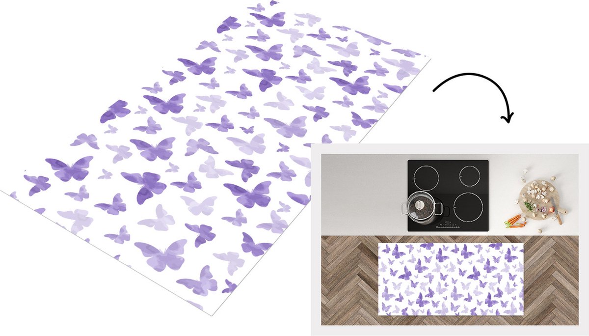 KitchenYeah Keukenloper - Loper keuken - Vlinder - Paars - Patronen - 120x60 cm - Keukenloper vinyl Multicolor
