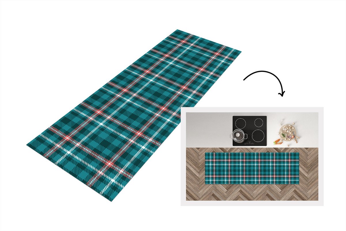 KitchenYeah Keukenloper - Loper keuken - Plaid - Schotse ruit - Patronen - Blauw - Roze - 180x60 cm - Keukenloper vinyl Multicolor