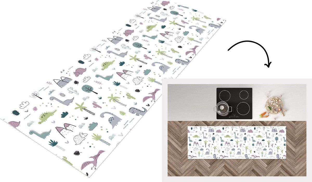 KitchenYeah Keukenloper - Loper keuken - Patroon - Dinosaurus - Kinderen - 150x50 cm - Keukenloper vinyl Multicolor
