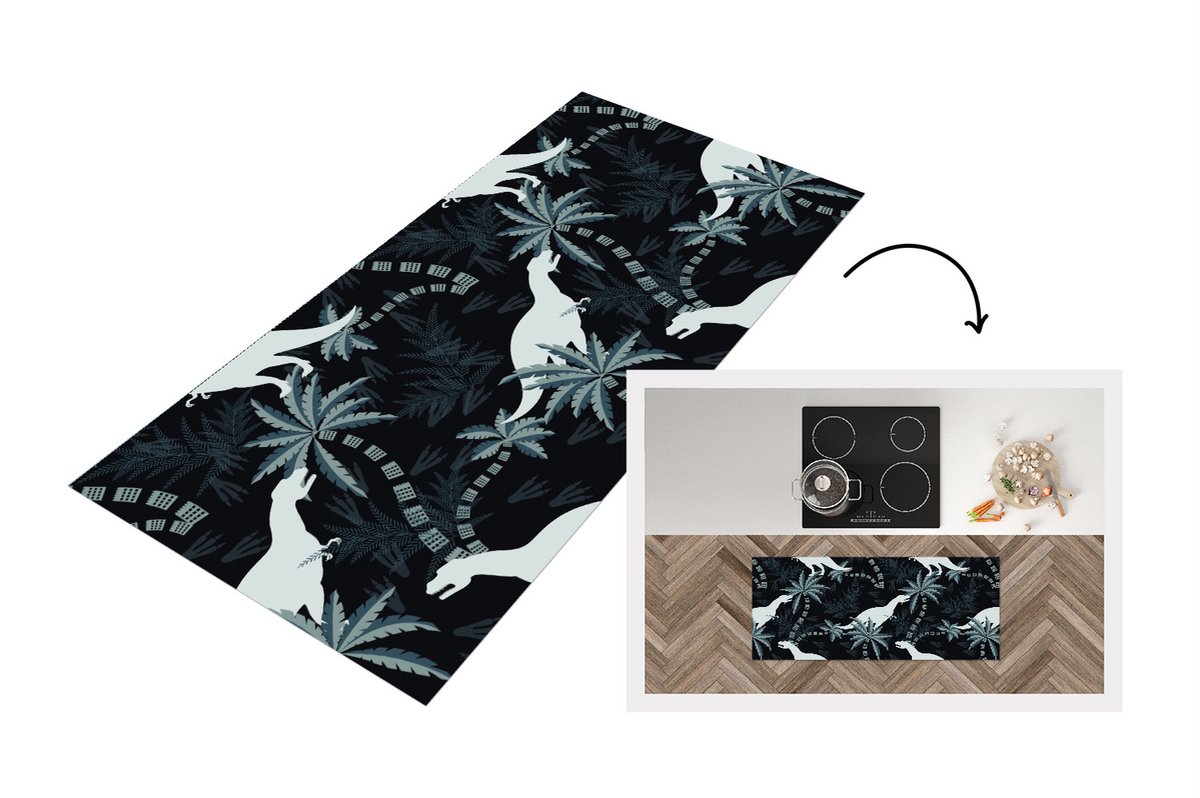 KitchenYeah Keukenloper - Loper keuken - Patronen - Dino - Jungle - 120x50 cm - Keukenloper vinyl Multicolor