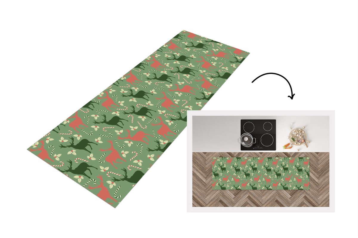 KitchenYeah Keukenloper - Loper keuken - Patronen - Christmas - Rendier - 150x50 cm - Keukenloper vinyl Multicolor