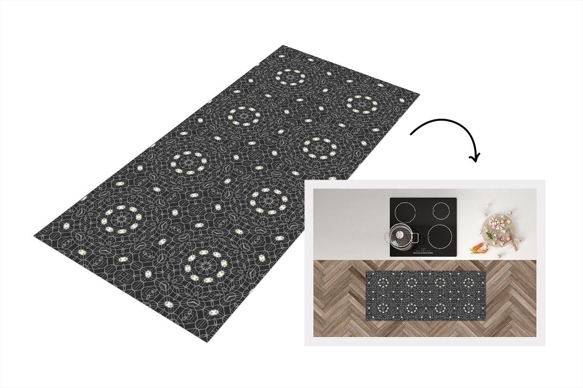 KitchenYeah Keukenloper - Loper keuken - Patronen - Zwart Wit - Ornament - 120x50 cm - Keukenloper vinyl Zwart; Wit