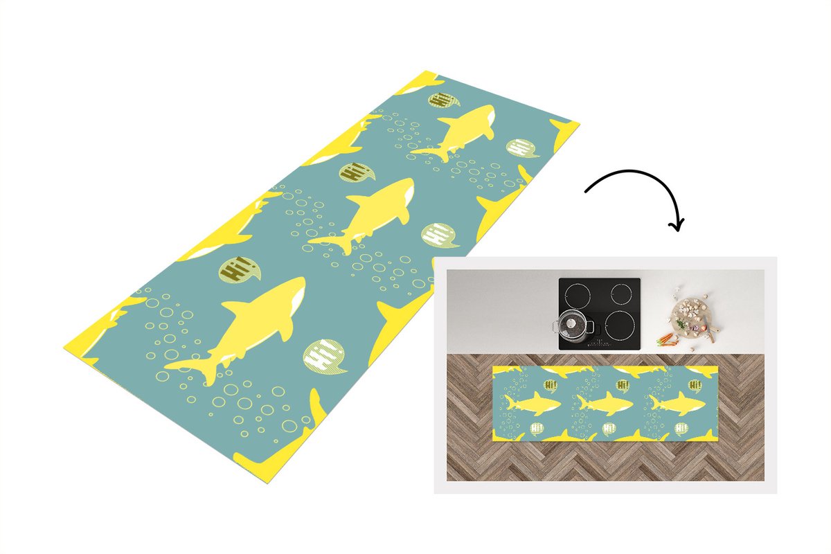 KitchenYeah Keukenloper - Loper keuken - Haai - Cartoon - Geel - Patronen - Tiener - 180x60 cm - Keukenloper vinyl Multicolor