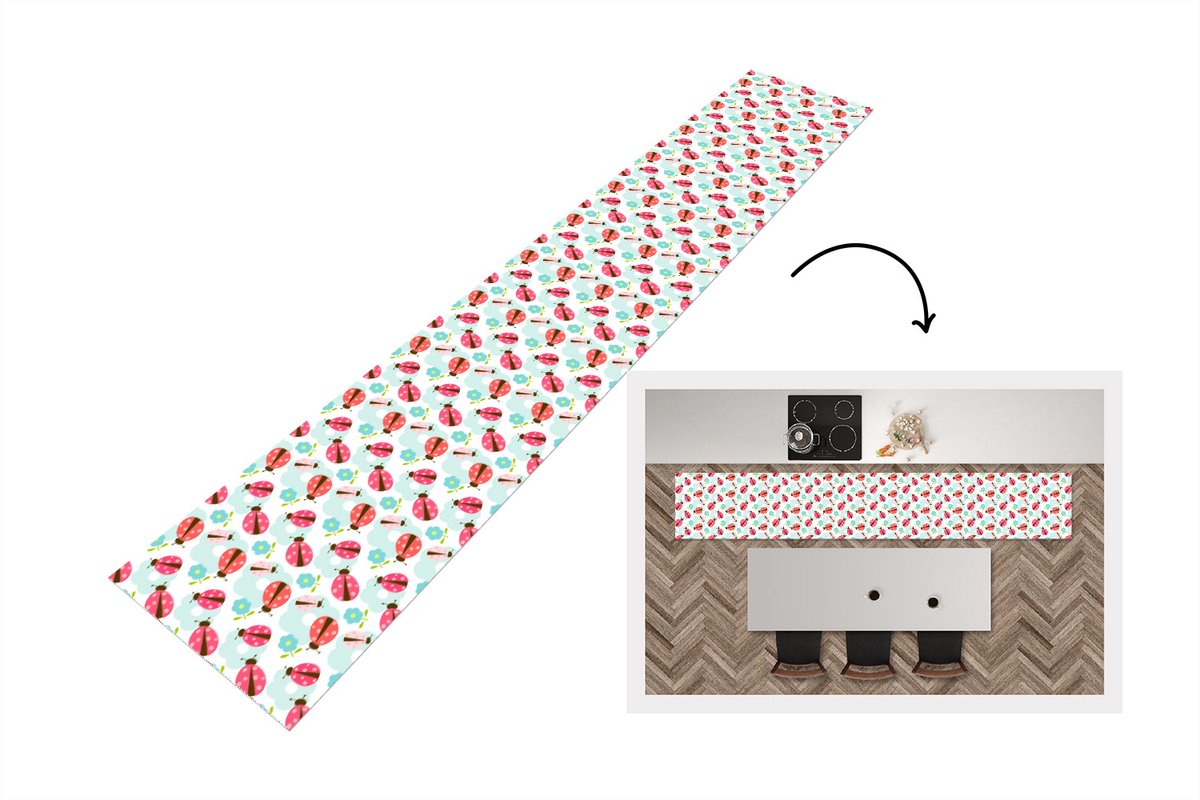 KitchenYeah Keukenloper - Loper keuken - Meiden - Lieveheersbeestje - Bloemen - Patronen - 300x50 cm - Keukenloper vinyl Multicolor