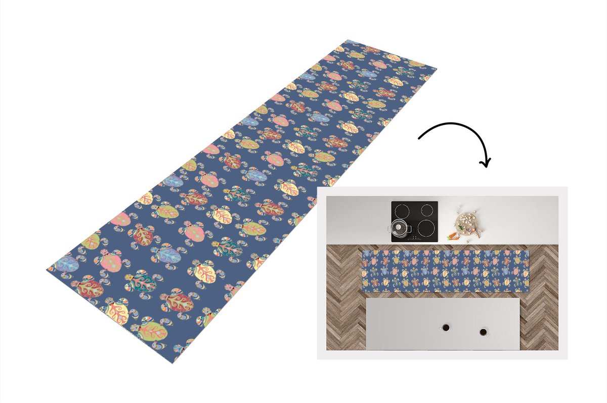 KitchenYeah Keukenloper - Loper keuken - Patronen - Schildpad - Dieren - 200x50 cm - Keukenloper vinyl Multicolor