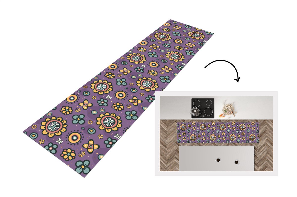 KitchenYeah Keukenloper - Loper keuken - Meisjes - Vlinder - Planten - Patronen - 240x60 cm - Keukenloper vinyl Multicolor