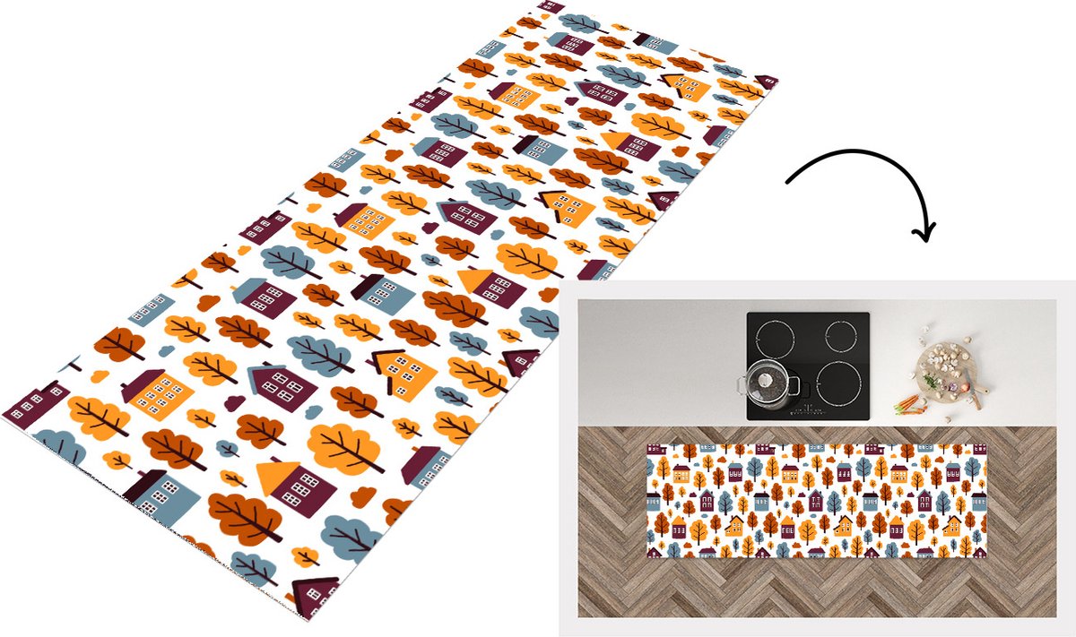 KitchenYeah Keukenloper - Loper keuken - Patronen - Huis - Bomen - 150x50 cm - Keukenloper vinyl Multicolor