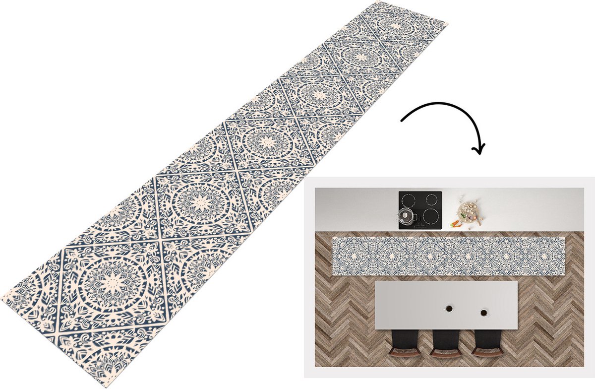 KitchenYeah Keukenloper - Loper keuken - Design - Ornament - Vintage - Retro - 300x50 cm - Keukenloper vinyl Multicolor