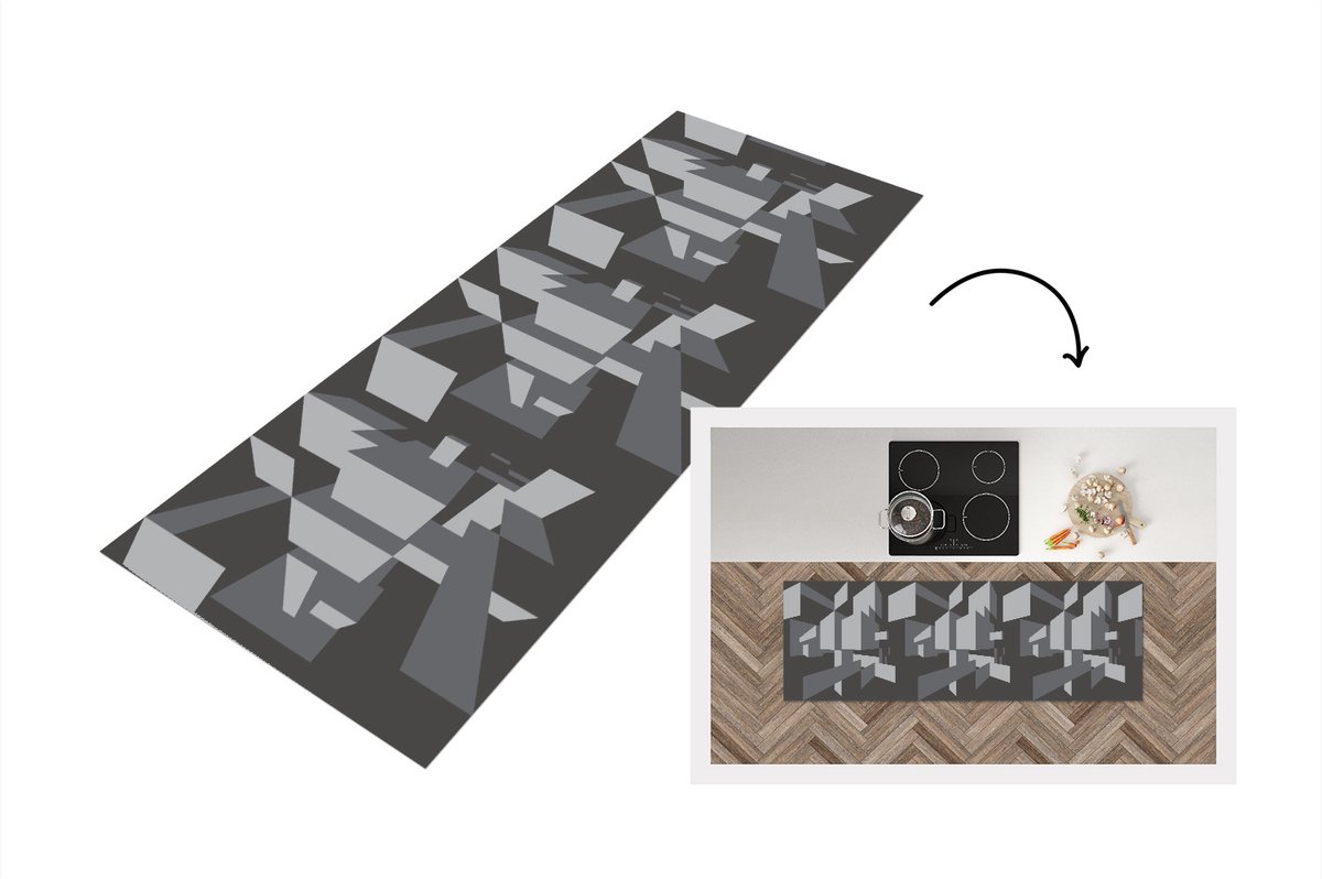 KitchenYeah Keukenloper - Loper keuken - 3D - Patronen - Zwart Wit - 150x50 cm - Keukenloper vinyl Zwart; Wit