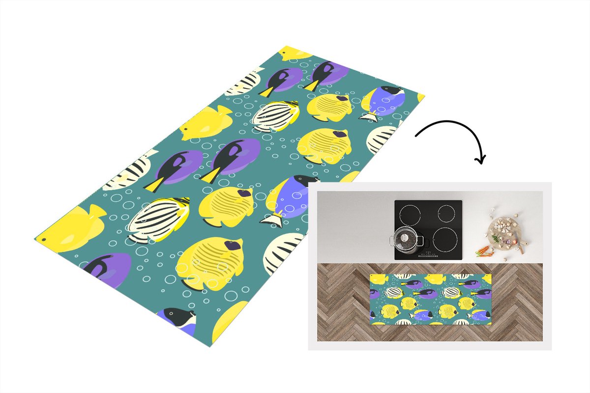 KitchenYeah Keukenloper - Loper keuken - Patronen - Vissen - Water - 120x50 cm - Keukenloper vinyl Multicolor