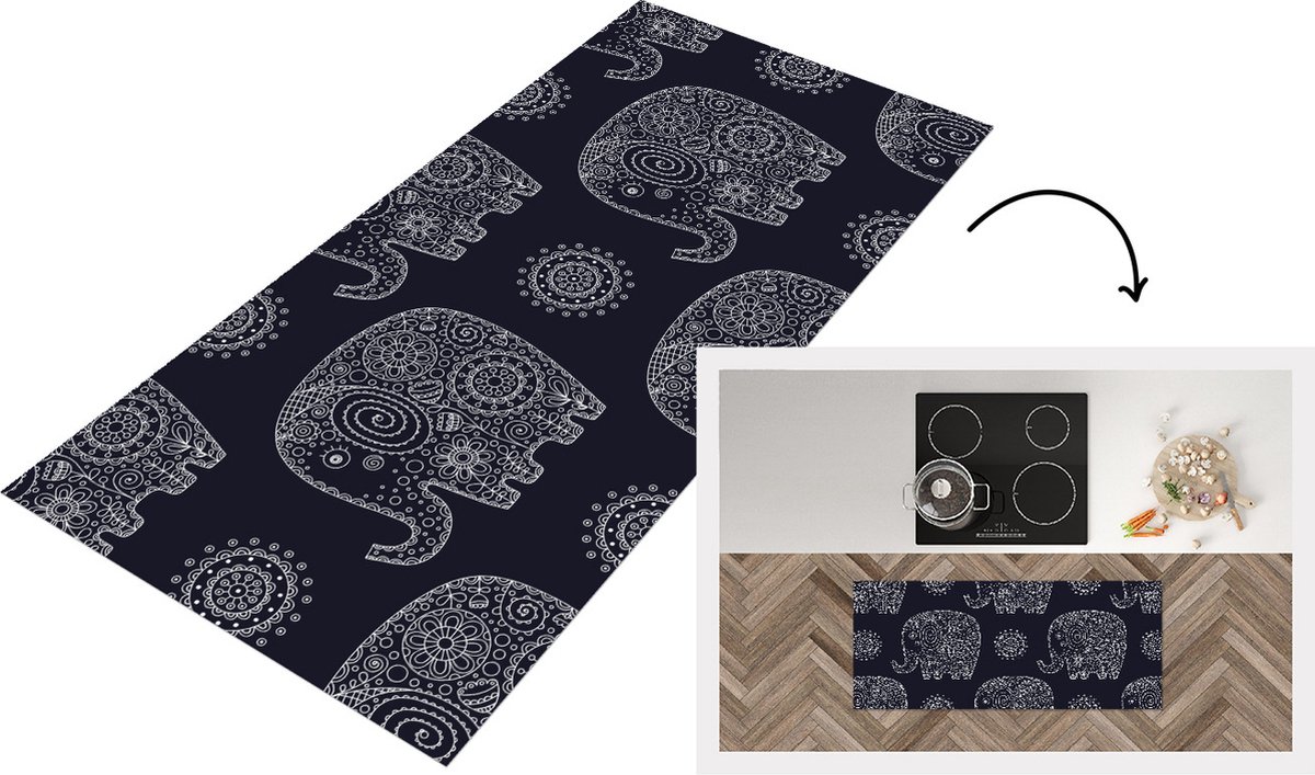 KitchenYeah Keukenloper - Loper keuken - Patroon - Olifant - Bloemen - 120x50 cm - Keukenloper vinyl Multicolor