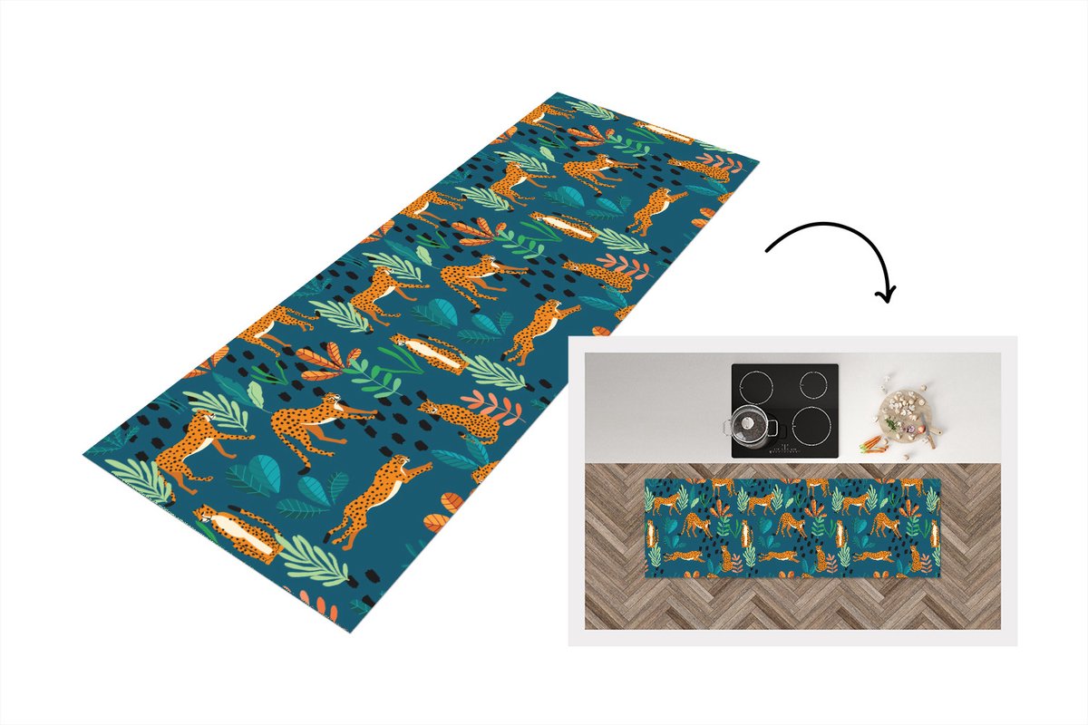 KitchenYeah Keukenloper - Loper keuken - Patronen - Tiger - Planten - 150x50 cm - Keukenloper vinyl Multicolor