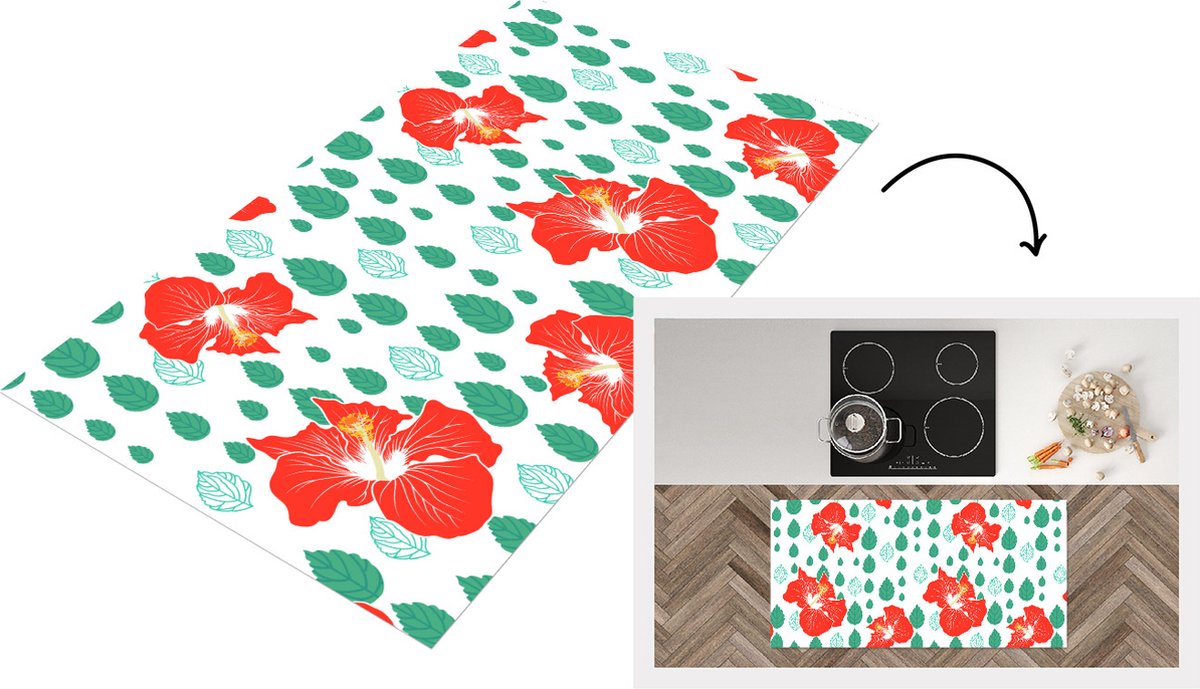 KitchenYeah Keukenloper - Loper keuken - Hibiscus - Patronen - Hawaii - Bladeren - Bloem - 120x60 cm - Keukenloper vinyl Multicolor