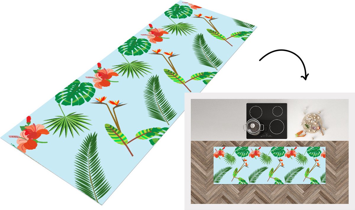 KitchenYeah Keukenloper - Loper keuken - Patronen - Planten - Jungle - Bloemen - 150x50 cm - Keukenloper vinyl Multicolor