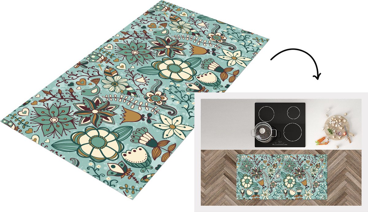 KitchenYeah Keukenloper - Loper keuken - Bohemian - Winter - Bloemen - Patroon - 120x60 cm - Keukenloper vinyl Multicolor