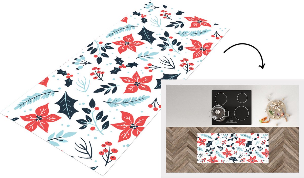 KitchenYeah Keukenloper - Loper keuken - Winter - Bloemen - Kerst - Patronen - 120x50 cm - Keukenloper vinyl Multicolor