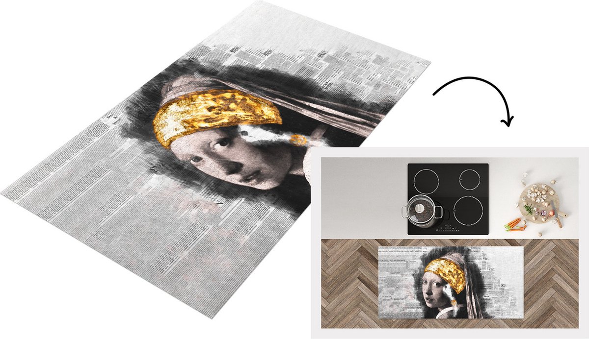 KitchenYeah Keukenloper - Loper keuken - Meisje met de parel - Goud - Krant - 120x60 cm - Keukenloper vinyl Multicolor