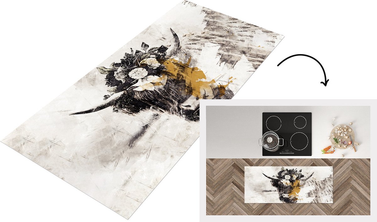 KitchenYeah Keukenloper - Loper keuken - Schotse hooglander - Bloemen - Goud - 120x50 cm - Keukenloper vinyl Multicolor