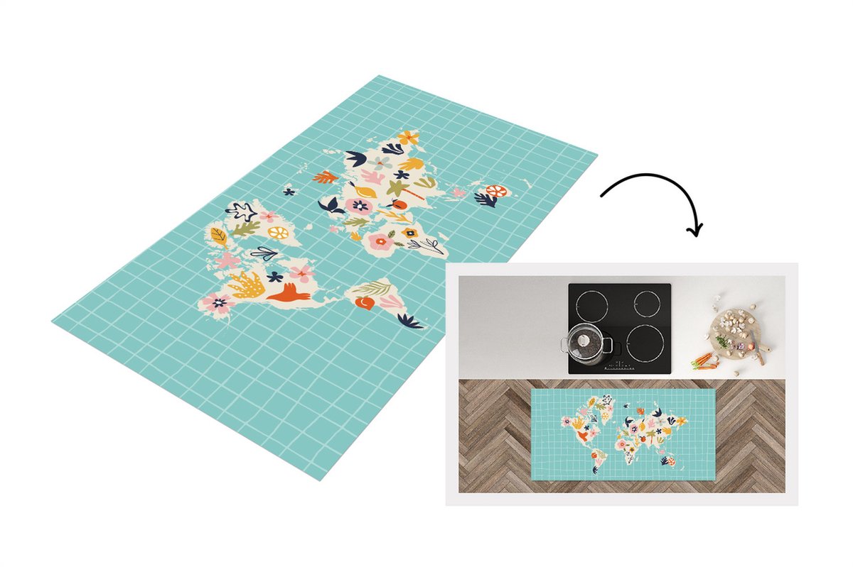 KitchenYeah Keukenloper - Loper keuken - Kinderkamer - Wereldkaart - Bloemen - Fruit - 120x60 cm - Keukenloper vinyl Multicolor