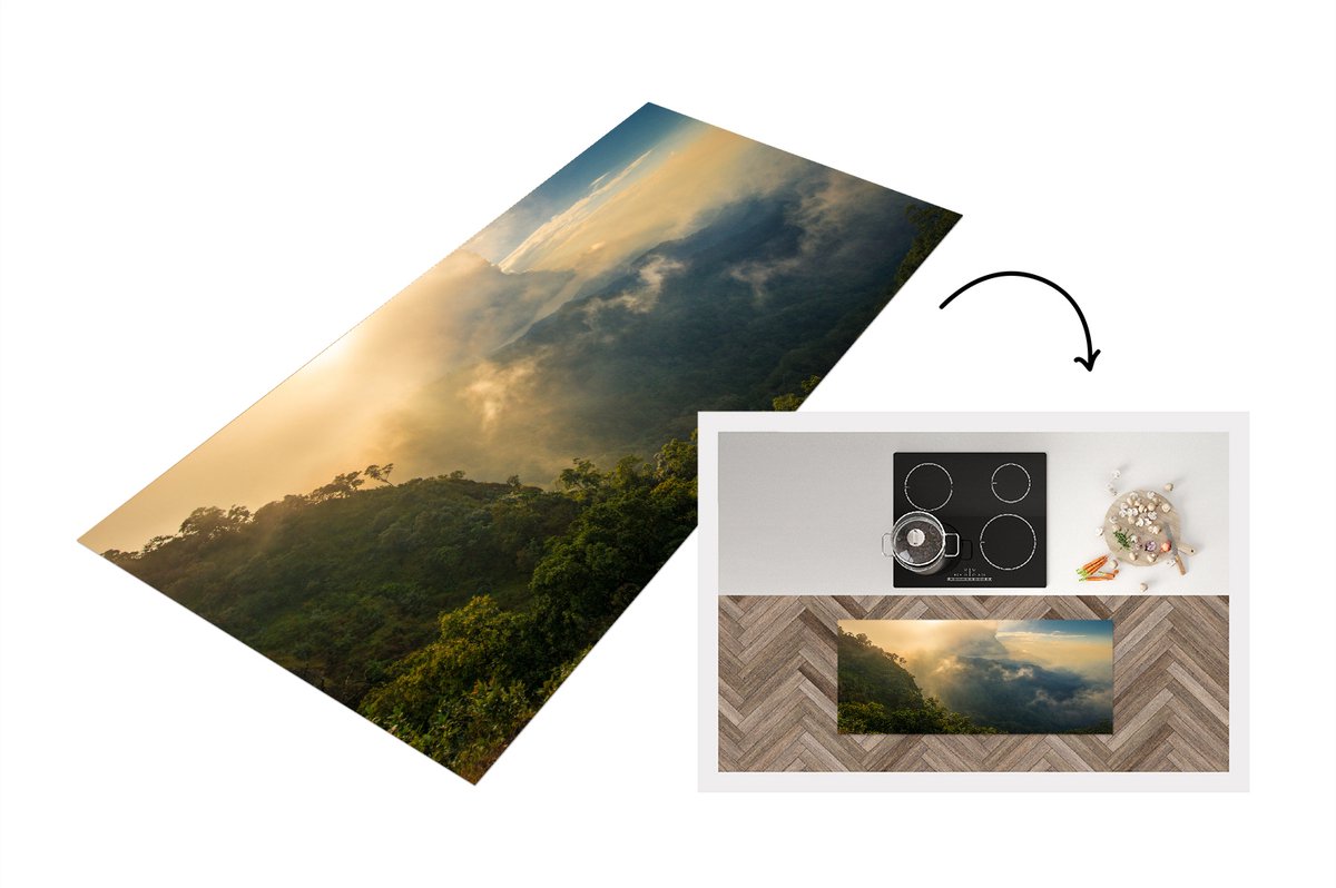 KitchenYeah Keukenloper - Loper keuken - Zonneschijn en wolken boven Thaise jungle - 120x50 cm - Keukenloper vinyl Multicolor