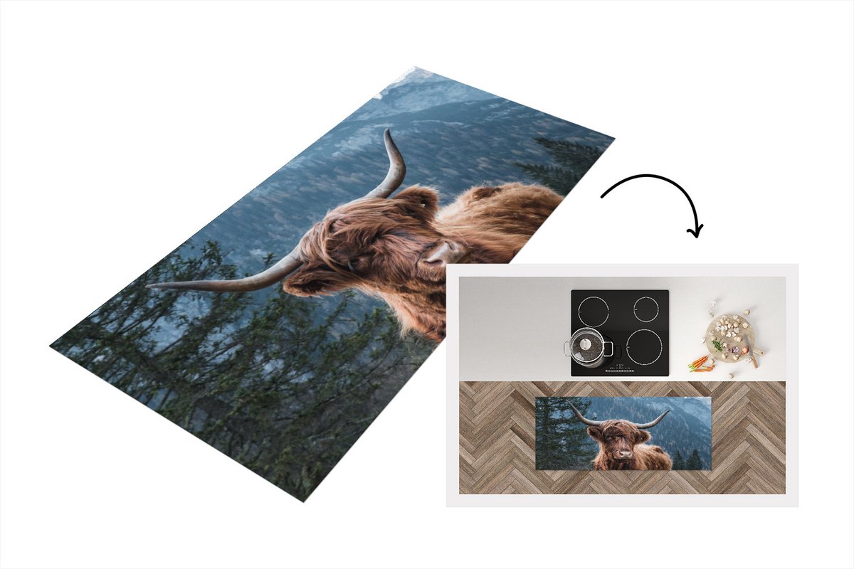 KitchenYeah Keukenloper - Loper keuken - Schotse hooglander - Bomen - Berg - 120x50 cm - Keukenloper vinyl Multicolor