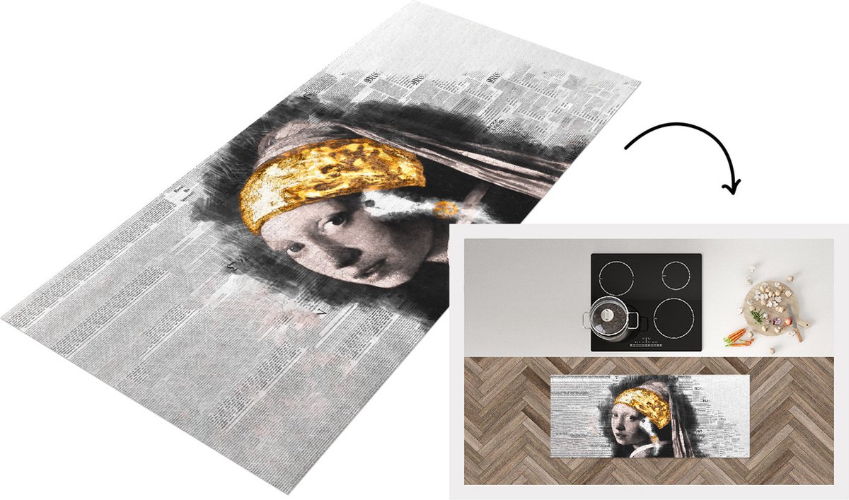 KitchenYeah Keukenloper - Loper keuken - Meisje met de parel - Goud - Krant - 120x50 cm - Keukenloper vinyl Multicolor