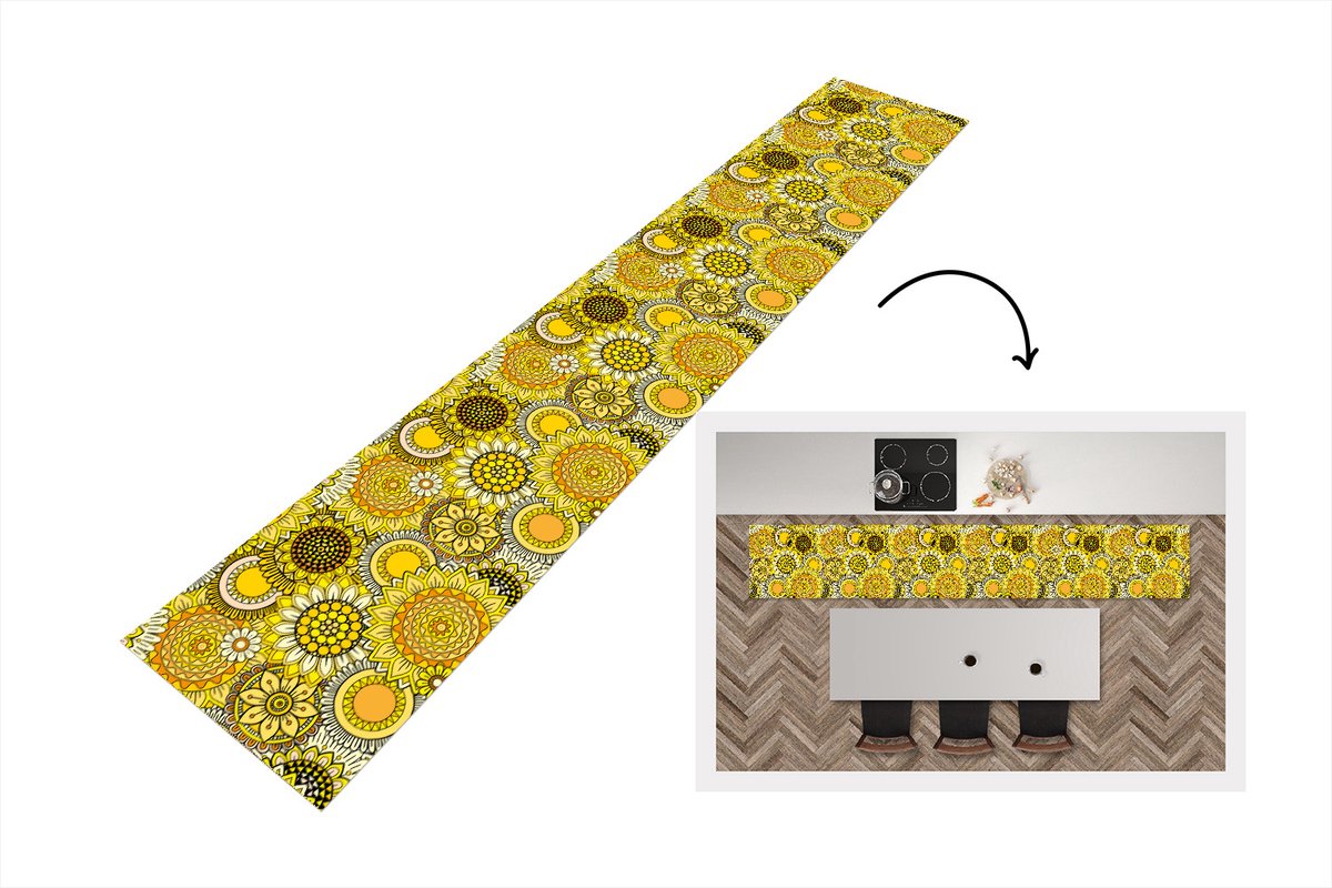KitchenYeah Keukenloper - Loper keuken - Zonnebloem - Patronen - Geel - 300x50 cm - Keukenloper vinyl Multicolor