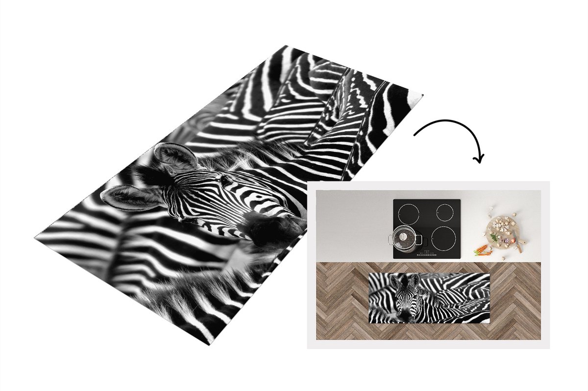 KitchenYeah Keukenloper - Loper keuken - Zebra zwart-wit fotoprint - 120x50 cm - Keukenloper vinyl Zwart; Wit