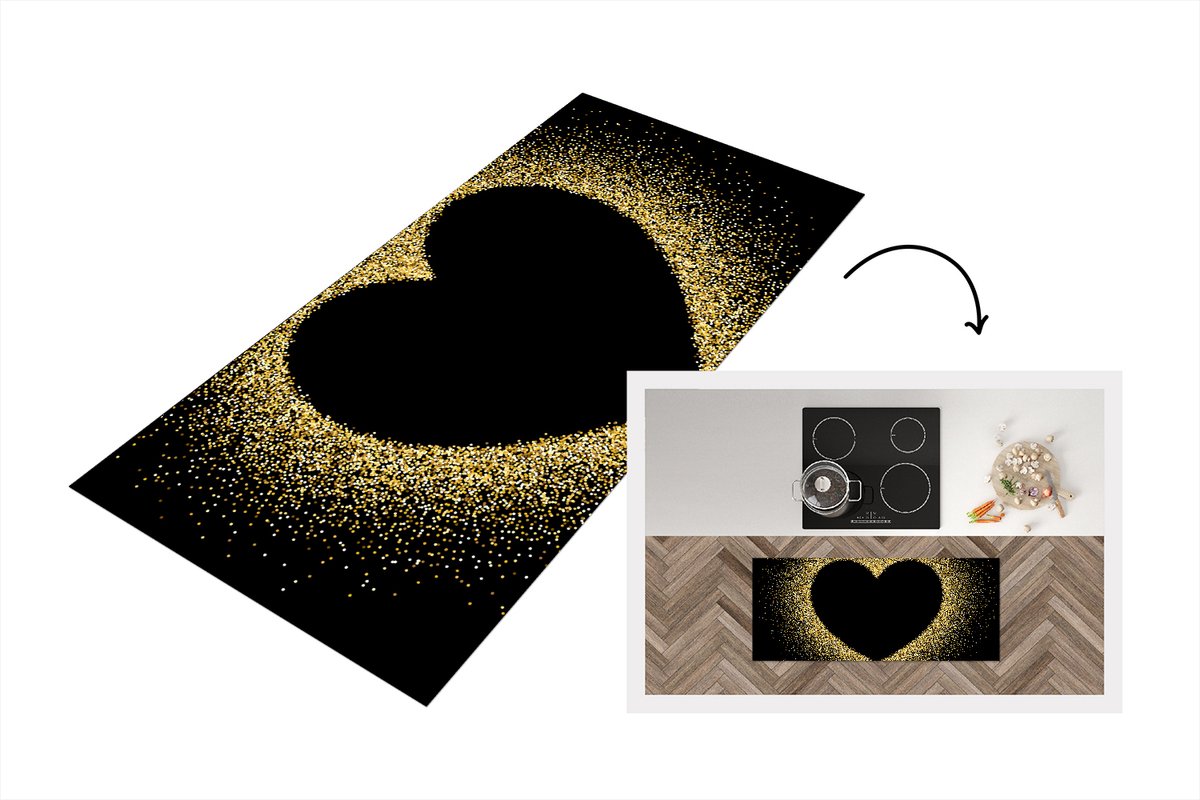 KitchenYeah Keukenloper - Loper keuken - Gouden hart op een zwarte achtergrond - 120x50 cm - Keukenloper vinyl Multicolor