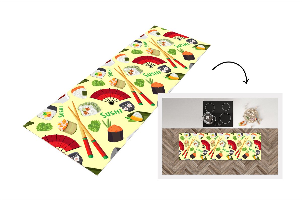 KitchenYeah Keukenloper - Loper keuken - Sushi - Japan - Patronen - 180x60 cm - Keukenloper vinyl Multicolor