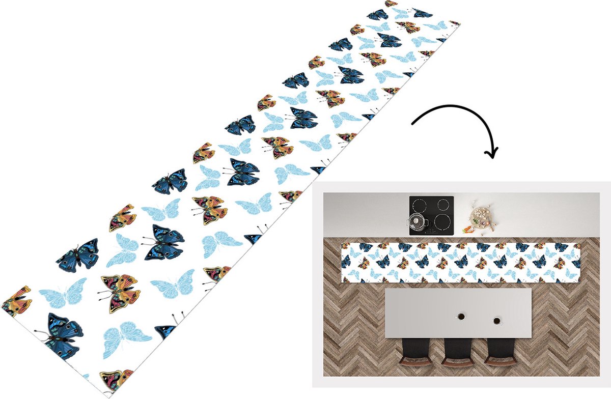 KitchenYeah Keukenloper - Loper keuken - Vlinder - Insecten - Patronen - Zomer - 300x50 cm - Keukenloper vinyl Multicolor