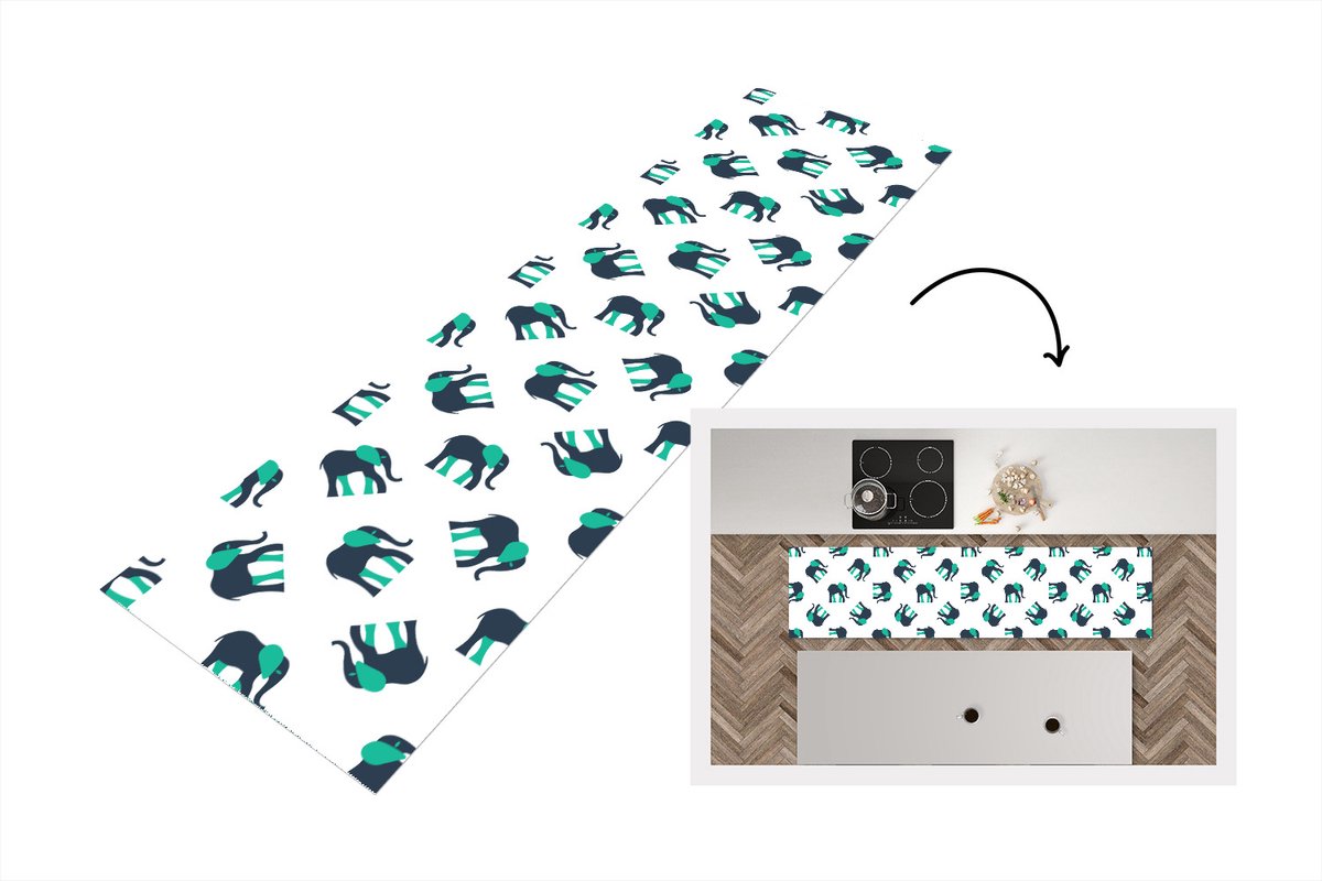 Keukenloper - Loper keuken - Olifant - Patroon - Groen - 200x50 cm - Keukenloper vinyl