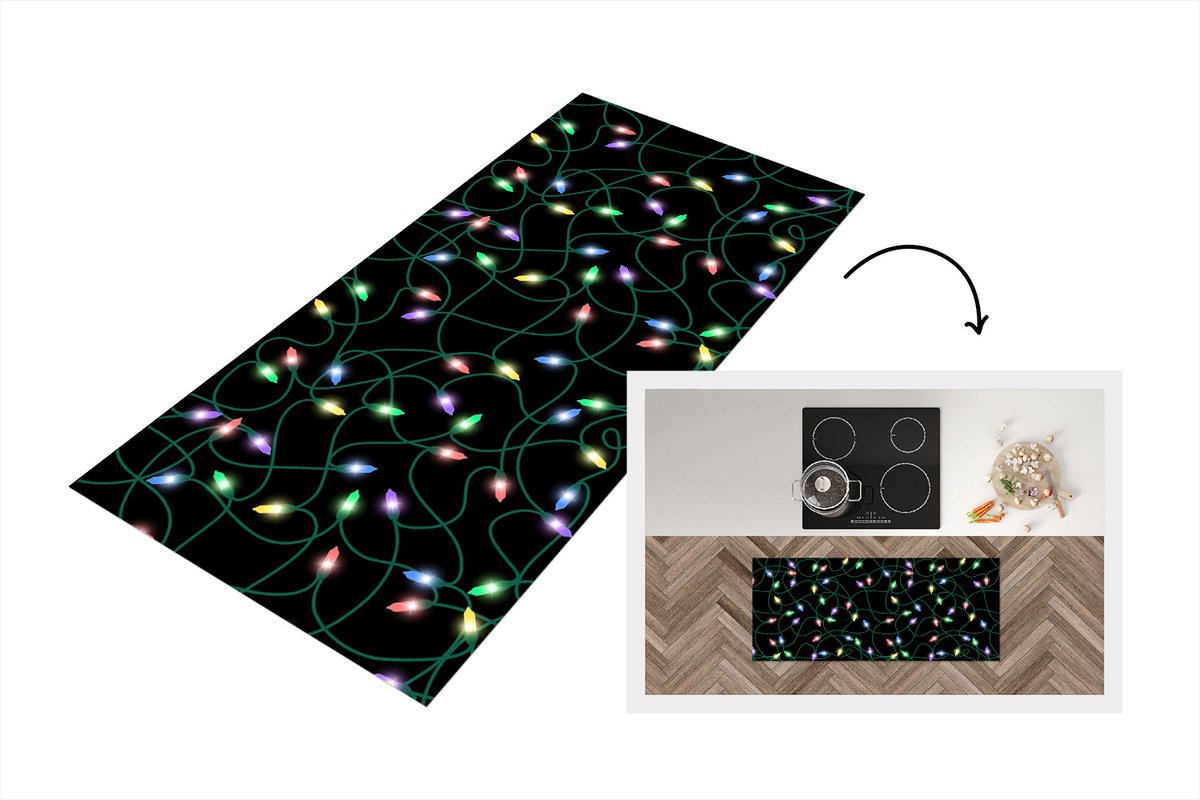 KitchenYeah Keukenloper - Loper keuken - Lichtsnoer - Kerstmis - Pastel - Patronen - 120x50 cm - Keukenloper vinyl Multicolor