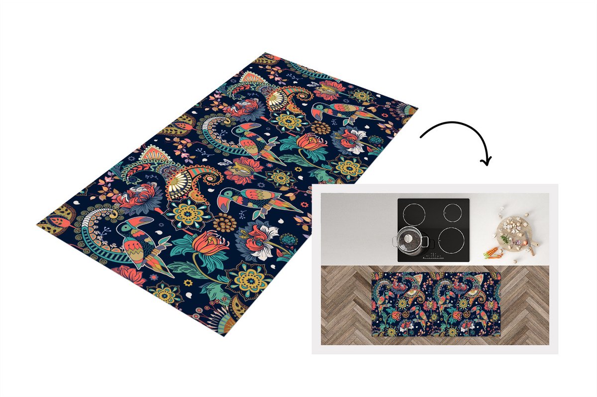 KitchenYeah Keukenloper - Loper keuken - Toekan - Vogel - Regenboog - Jungle - Patroon - 120x60 cm - Keukenloper vinyl Multicolor