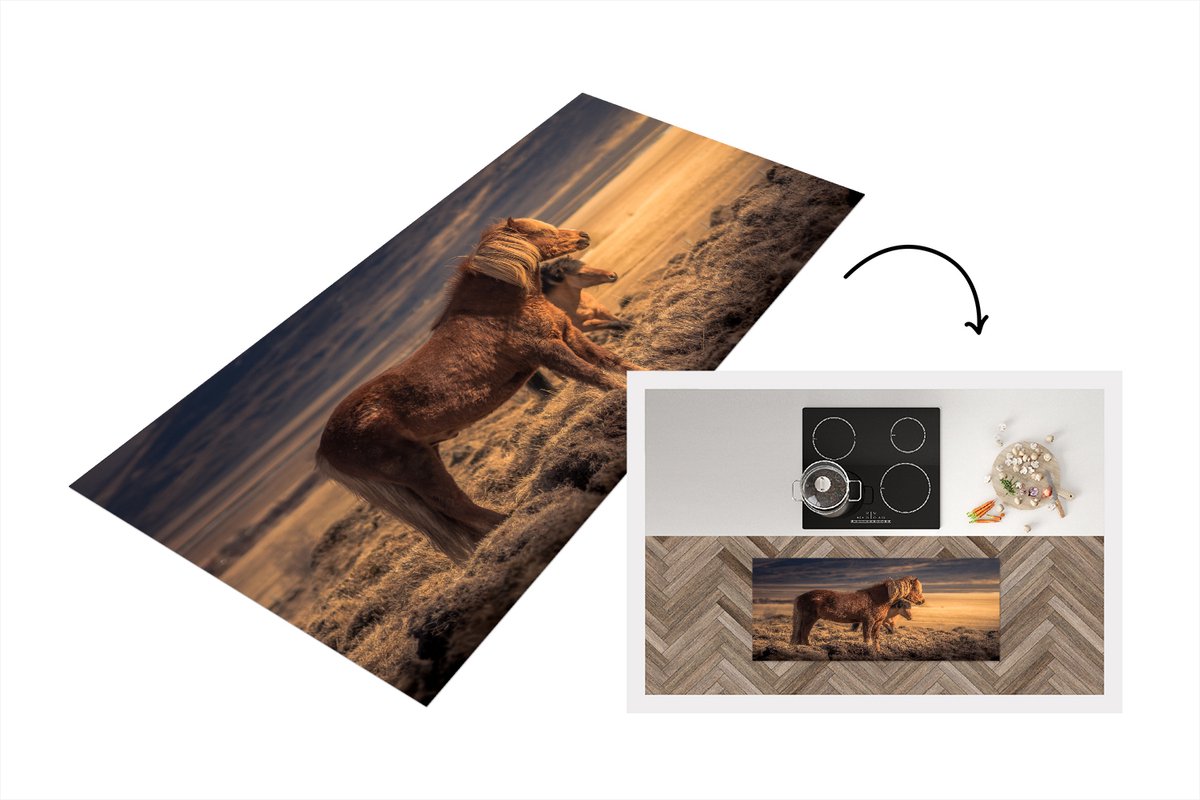 KitchenYeah Keukenloper - Loper keuken - Twee IJslander paarden bij zonsondergang - 120x50 cm - Keukenloper vinyl Multicolor
