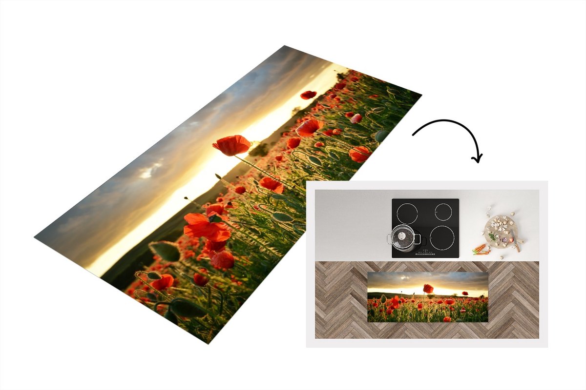 KitchenYeah Keukenloper - Loper keuken - Kleurrijke lucht boven vele Klaprozen - 120x50 cm - Keukenloper vinyl Multicolor