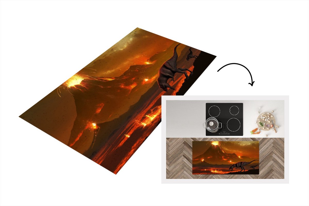KitchenYeah Keukenloper - Loper keuken - Dino - Vulkaan - Lava - Illustratie - 120x60 cm - Keukenloper vinyl Multicolor
