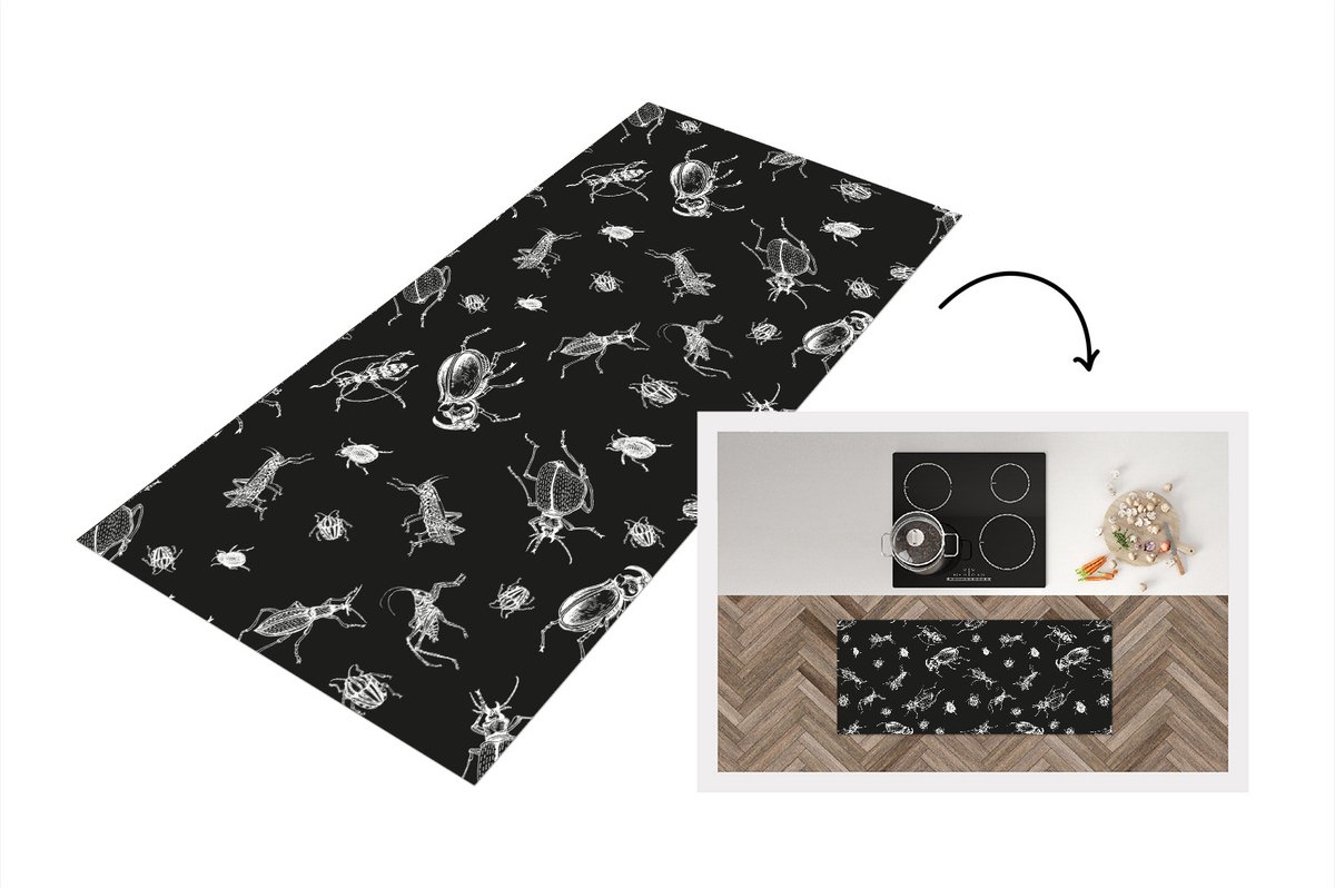 KitchenYeah Keukenloper - Loper keuken - Patronen - Insecten - Zwart Wit - 120x50 cm - Keukenloper vinyl Zwart; Wit