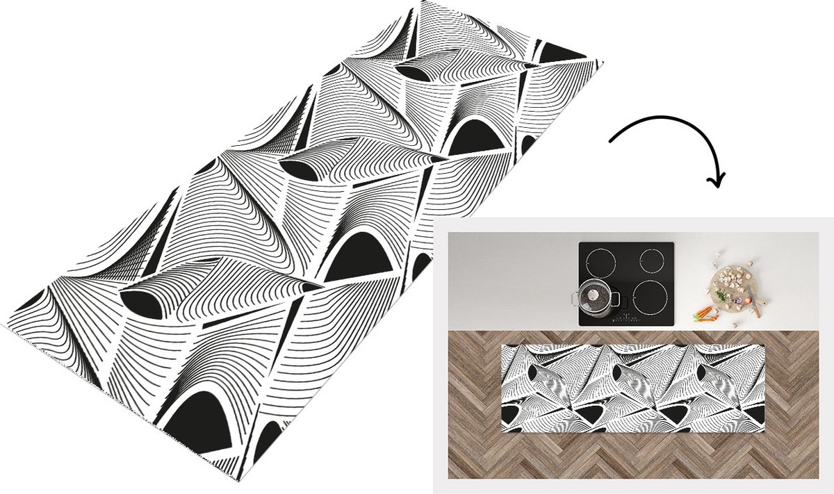 KitchenYeah Keukenloper - Loper keuken - Patroon - Abstract - Zwart Wit - 150x50 cm - Keukenloper vinyl Zwart; Wit