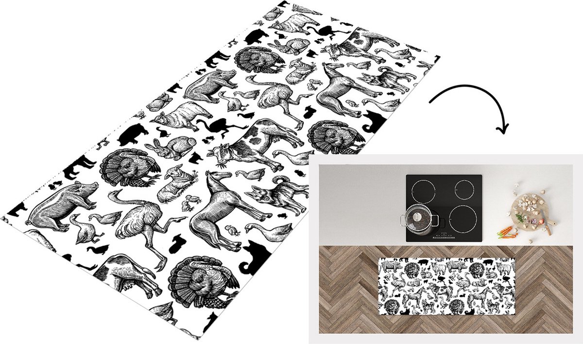 KitchenYeah Keukenloper - Loper keuken - Patroon - Dieren - Zwart Wit - 120x50 cm - Keukenloper vinyl Zwart; Wit