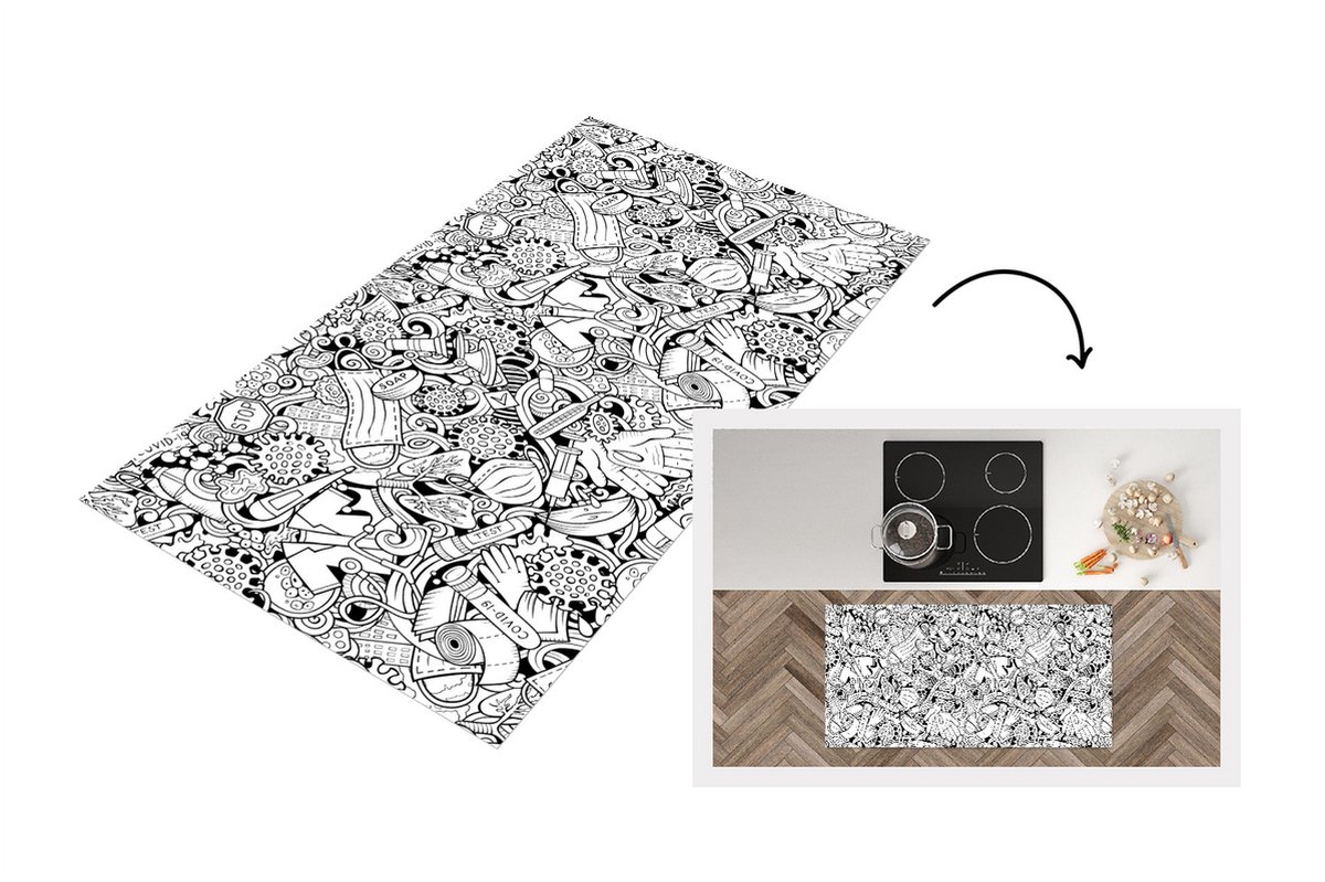 KitchenYeah Keukenloper - Loper keuken - Patroon - Corona - Zwart Wit - Keukenloper vinyl, foto 3