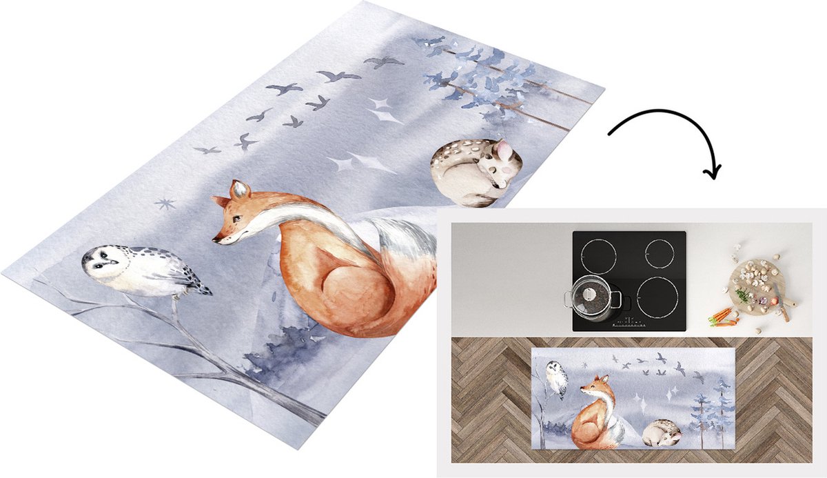 KitchenYeah Keukenloper - Loper keuken - Winter - Uil - Vos - Hert - 120x60 cm - Keukenloper vinyl Multicolor