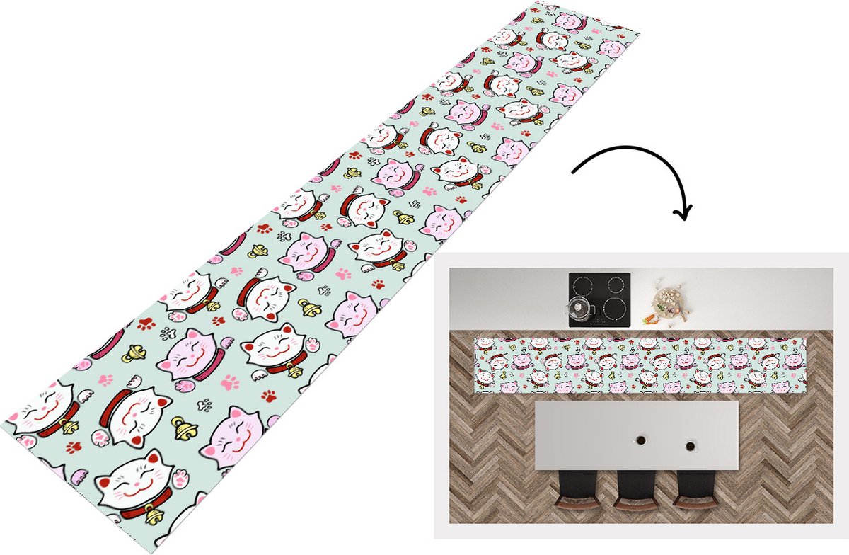 KitchenYeah Keukenloper - Loper keuken - Kat - Huisdieren - Patroon - 300x50 cm - Keukenloper vinyl Multicolor