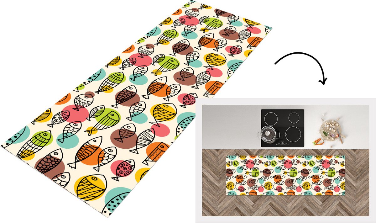 KitchenYeah Keukenloper - Loper keuken - Stippen - Vis - Regenboog - 150x50 cm - Keukenloper vinyl Multicolor