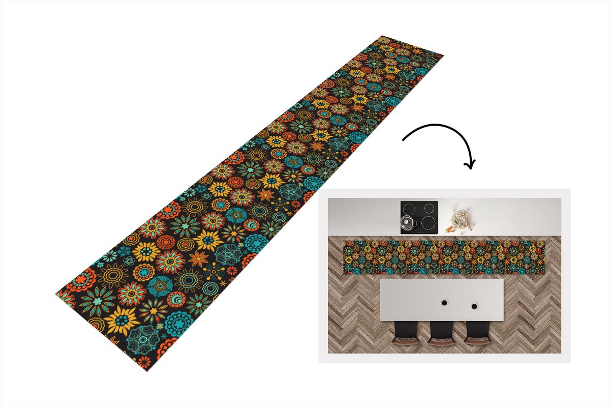 KitchenYeah Keukenloper - Loper keuken - Bohemian - Vintage - Bloem - Flora - 300x50 cm - Keukenloper vinyl Multicolor