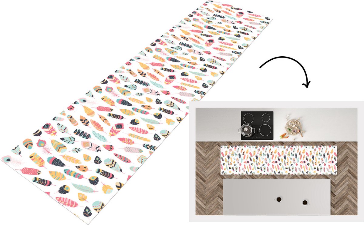 KitchenYeah Keukenloper - Loper keuken - Veren - Pluimen - Patronen - Pastel - 240x60 cm - Keukenloper vinyl Multicolor