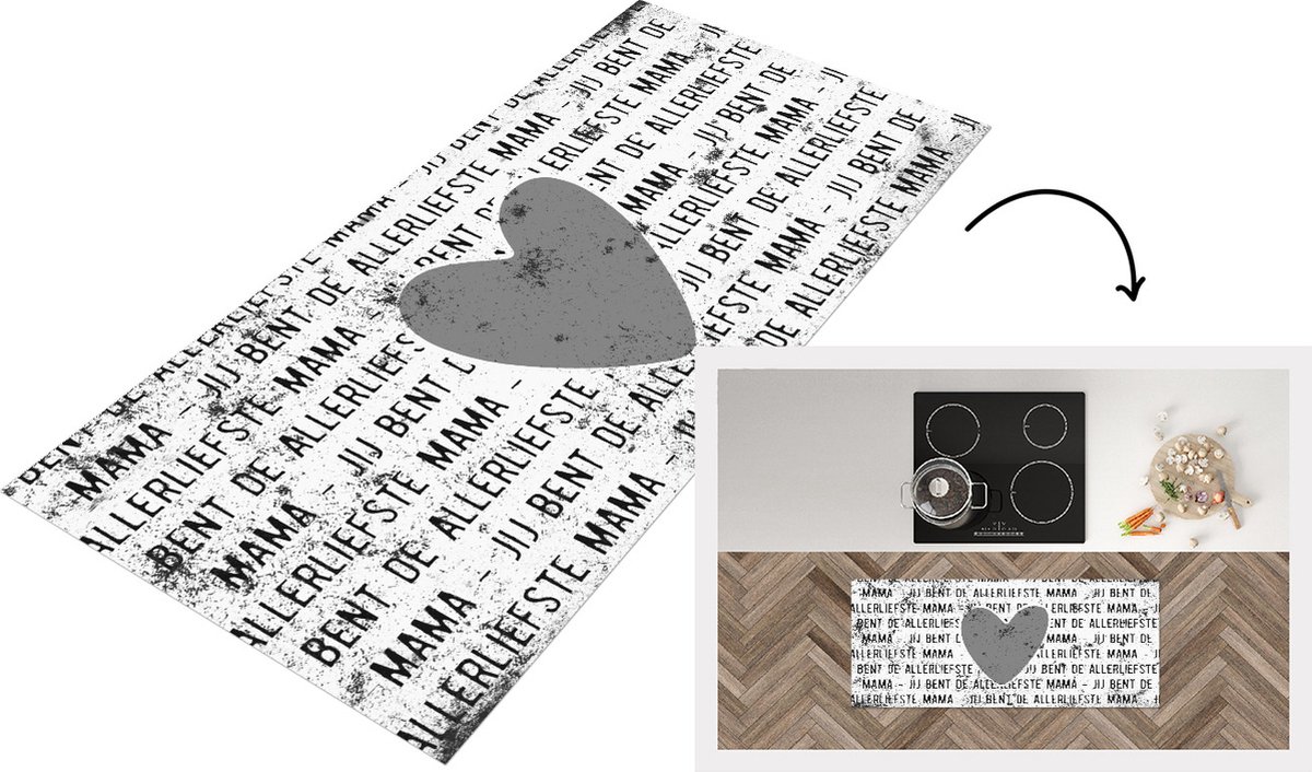 KitchenYeah Keukenloper - Loper keuken - Spreuken - Quotes Jij Bent de Allerliefste Mama - Moederdag cadeautje - Vintage - zwart wit - 120x50 cm - Keukenloper vinyl