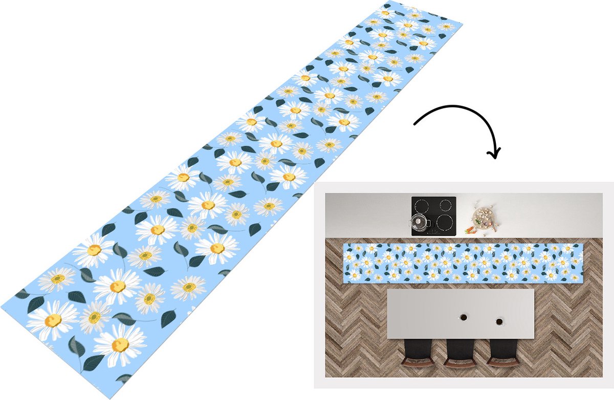 KitchenYeah Keukenloper - Loper keuken - Madeliefjes - Blauw - Patroon - 300x50 cm - Keukenloper vinyl Multicolor