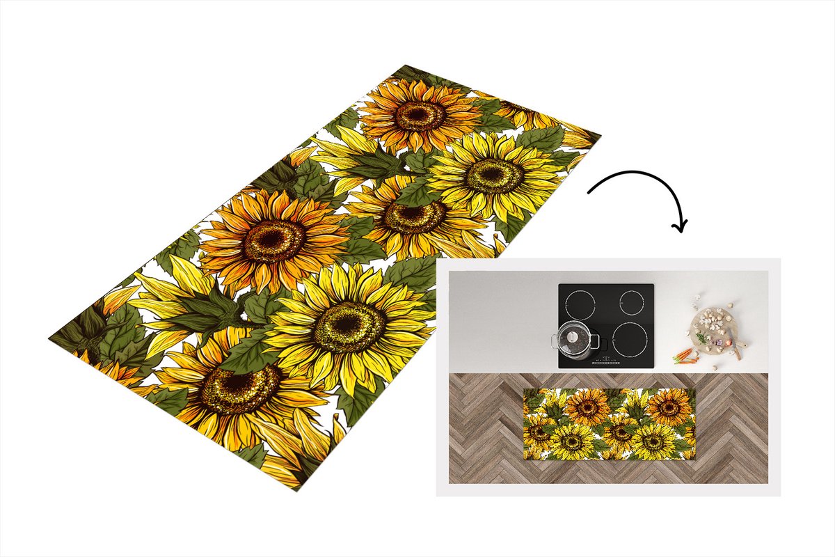 KitchenYeah Keukenloper - Loper keuken - Zonnebloem - Vintage - Design - 120x50 cm - Keukenloper vinyl Multicolor